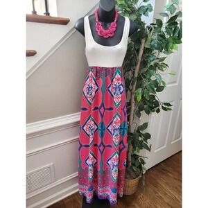 Filly Flair Women's Pink & White Rayon‎ Scoop Neck Sleeveless Long Maxi Dress M